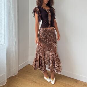 Vintage Leopard Mesh Two-Piece Set – Ruffle Skirt & Flutter-Sleeve Top (S/M)